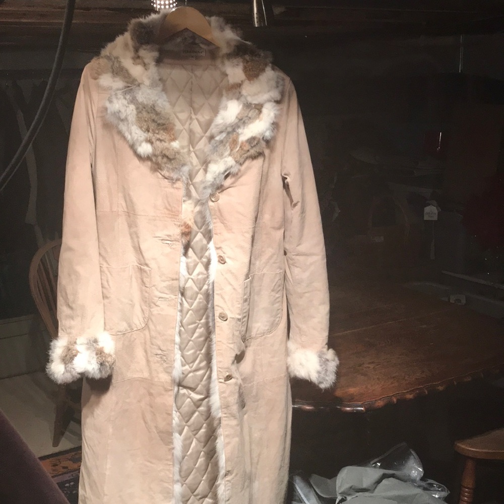 Full length lined seude with rabbit fur coat
